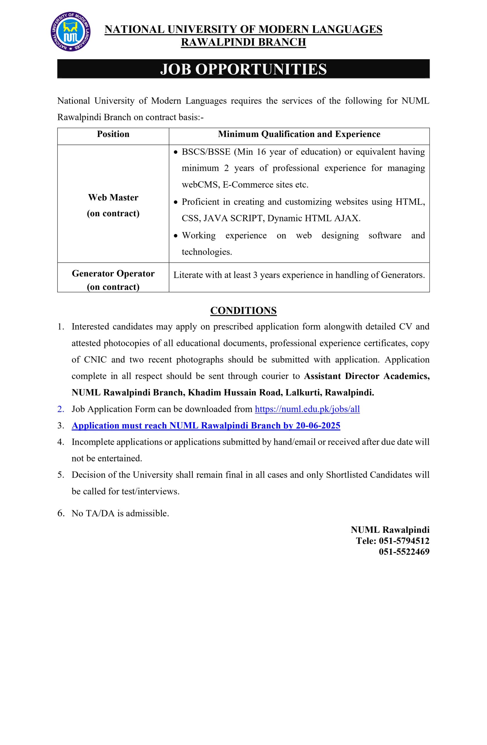 numl jobs 2025